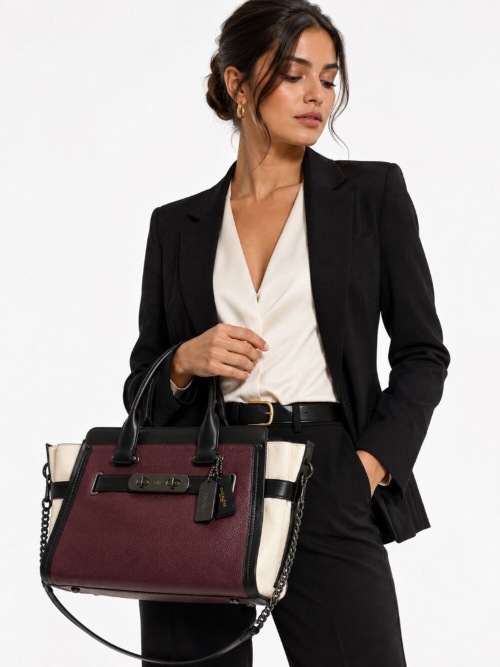 Coach Pebbled Leather COH Swagger Burgundy Colorblock Satchel Purse Chain Strap